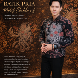 Kemeja batik pria premium motif phoenix warna hitam elegan dengan corak eksklusif Rindu Batik cocok untuk acara formal dan kerja
